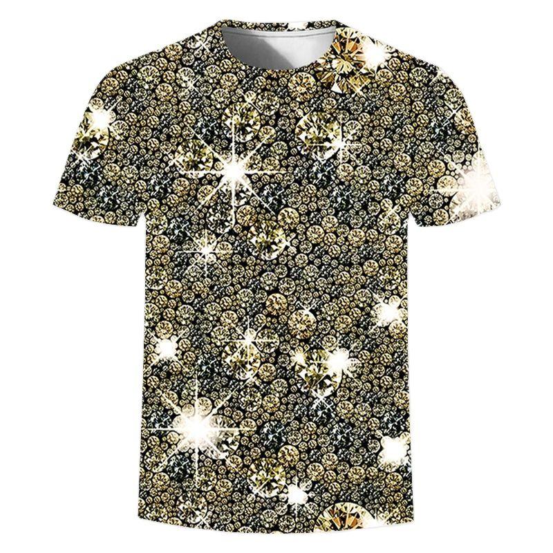 Summer New 3D Gold Digital Harajuku Print Short Sleeve Round Neck Men's Casual Personality Hip Hop Street T-shirt Tops