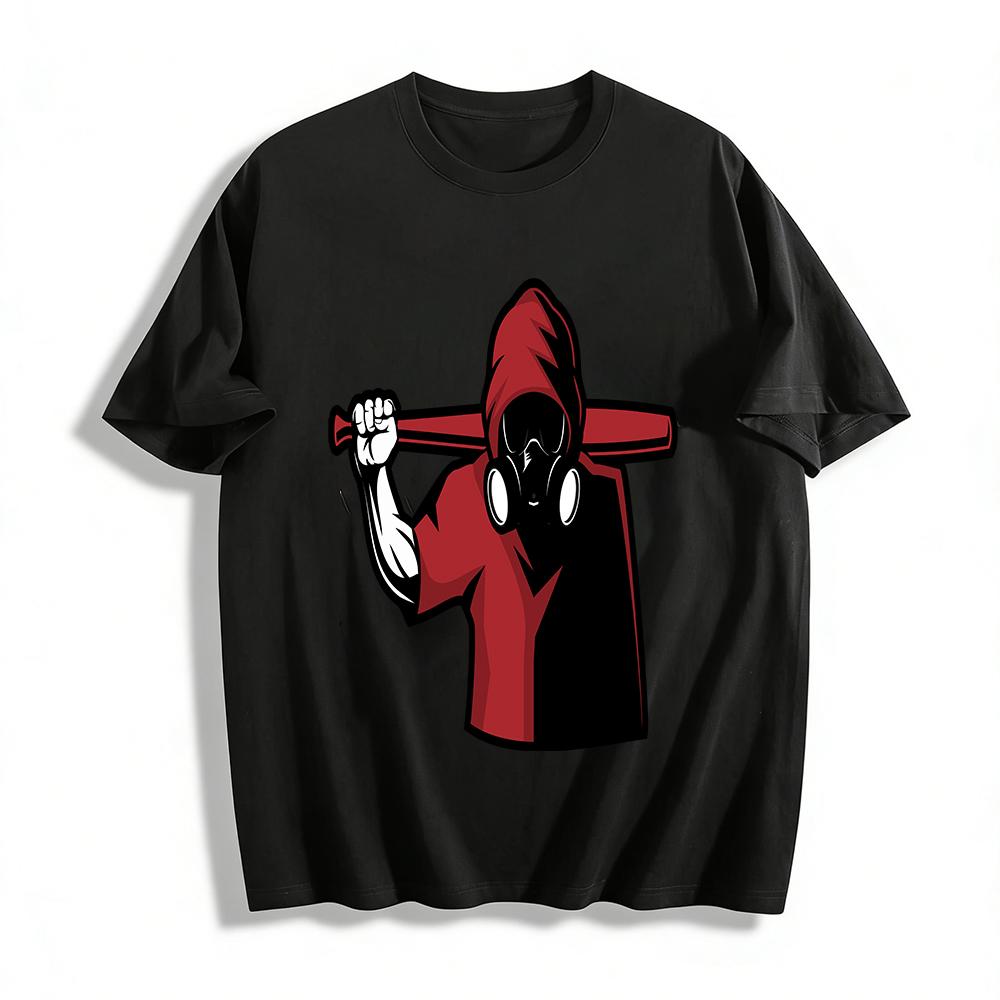 Street Style Gas Mask Baseball Bat Print Hooded T-Shirt Pure cotton T-shirt XXS