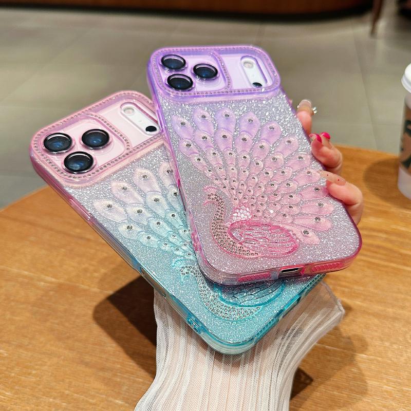 Gradient Point Glitter Diamond Colorful Peacock Soft Shockproof Phone Case For iPhone 17 Pro Max 15 14 13 16 Pro Max Back Cover
