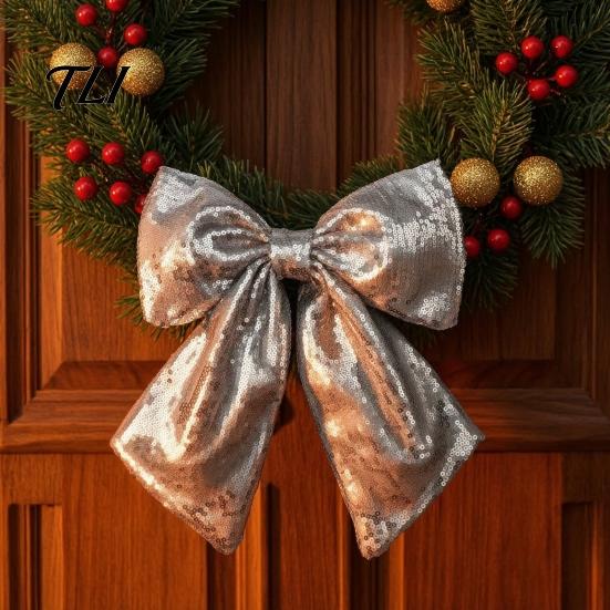 Durable Polyester Bows for Seasonal Decor Christmas Large Bow Pendant with Sequin, Multi-Layered Glitter Decorative Hanging Holiday Parties Ornament,