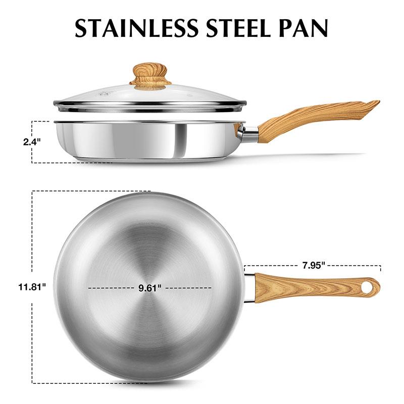 10 inch 12 inch Deep Cooking Frying Pan with Lid No Coating Stainless Steel Frying Pan Skillet with Heat-resistant Handle