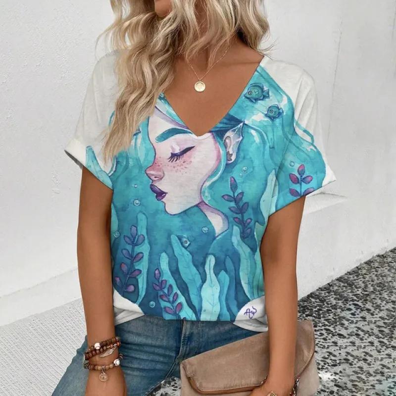 2024 Sommer Freizeit Bequemes T-Shirt Damen Elegantes V-Ausschnitt T-Shirt Mode Herzförmiges Muster Druck Kurzarm T-Shirt