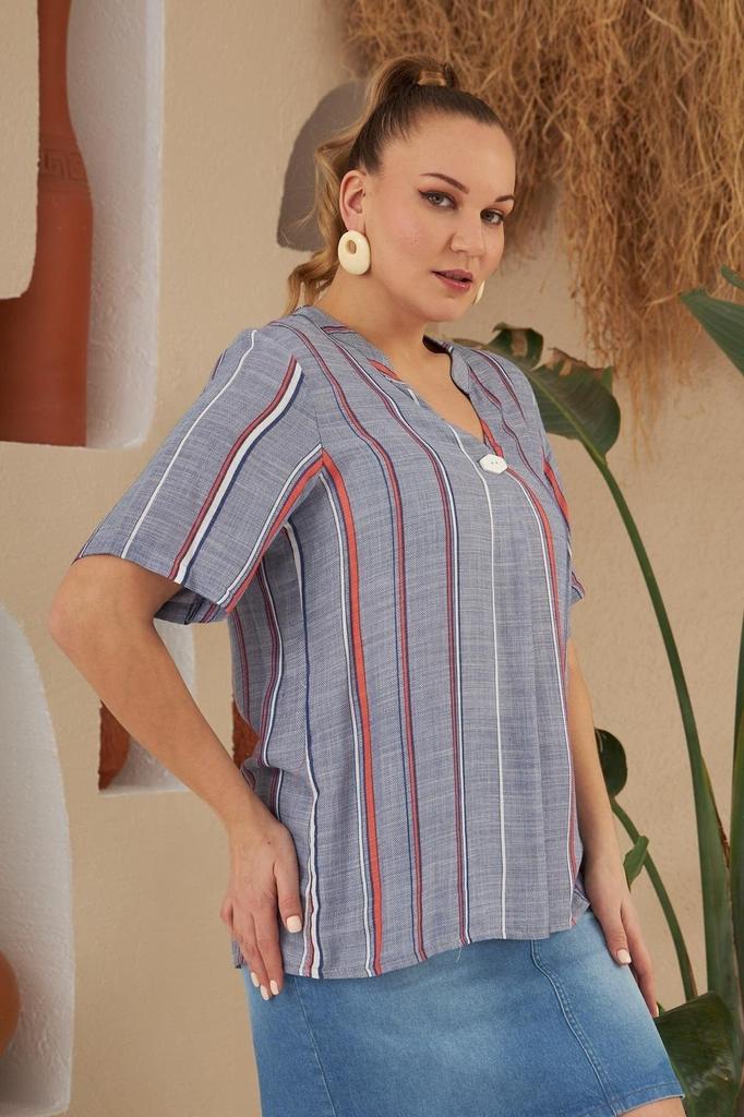 Damen Übergröße Bluse Plus Size Gestreifte Bluse mit Kragen Knopfdetail