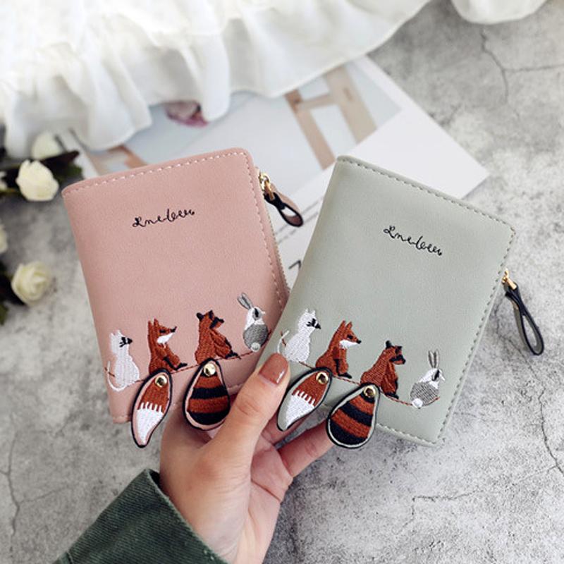 New Leather Wallet Women's Cartoon Cat Cute Fox Raccoon Short Wallets Girl's Credit Card Holder Hasp Zipper Coin Purse