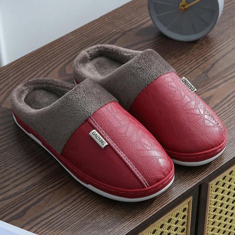 Men's slippers Home Winter Indoor Warm Shoes Thick Bottom Plush Waterproof Leather House slippers man Cotton shoes 2025 New