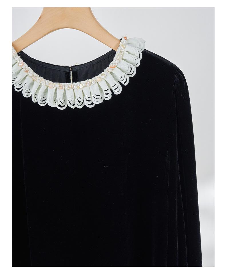 Women's French Retro Mulberry Silk Velvet Top with Lace & Butterfly Trim