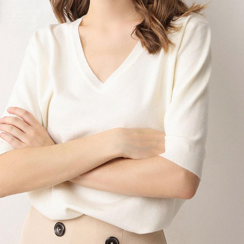 IHUASU Women's Spring Short-sleeved Jumper Knitwear V-neck Tide with Loose Bottoming Shirt T-shirt