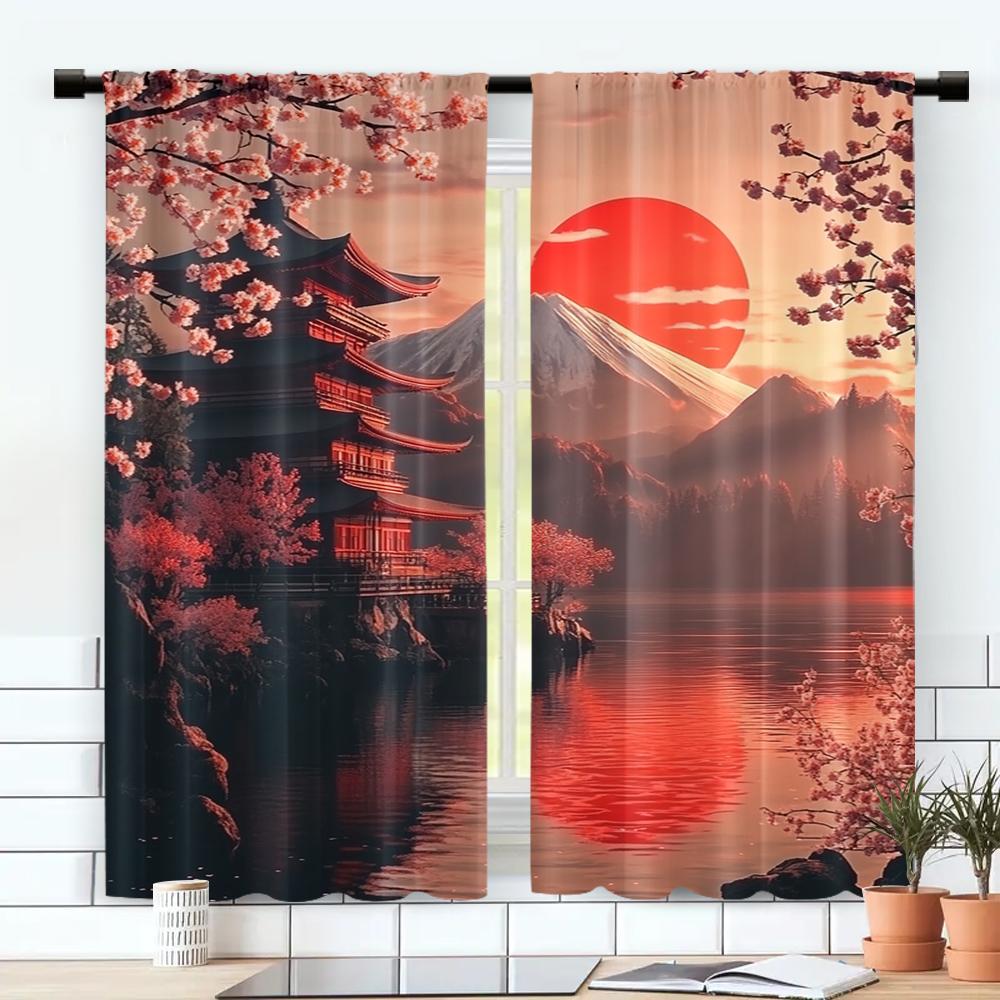 2pc    Window Treatment Curtains Elegant Japanese Landscape Versatile Polyester Fabric  Without Electricity Summer Party