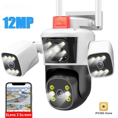 New WiFi IP Camera 6K 12MP Outdoor Surveillance Video Cam Three Screen View Security Cam Mini PTZ CCTV Street Camera IPC360 Home APP