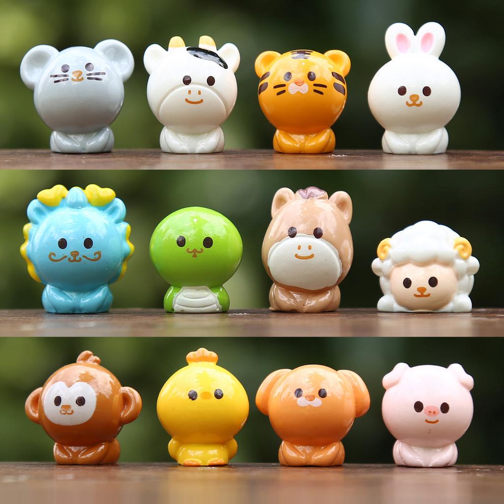 12PCS/Set New Mini Resin Zodiac Doll Toy Cartoon Simulation Small Animal Micro-landscaping DIY Car Office Decor Ornaments