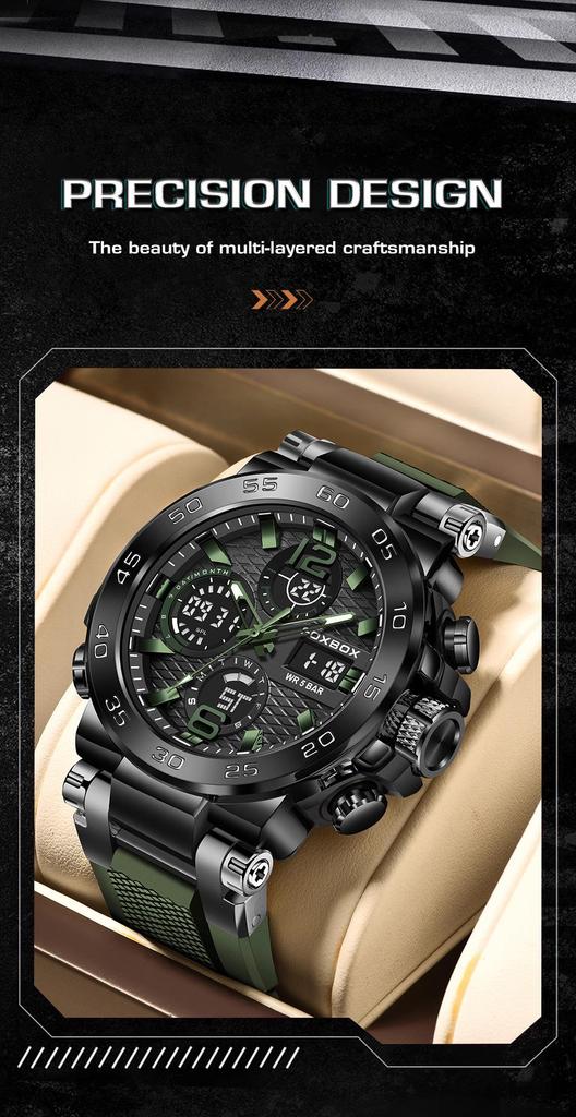 Men's Dual Display Waterproof Silicone Sport Watch with Calendar & Luminous Features