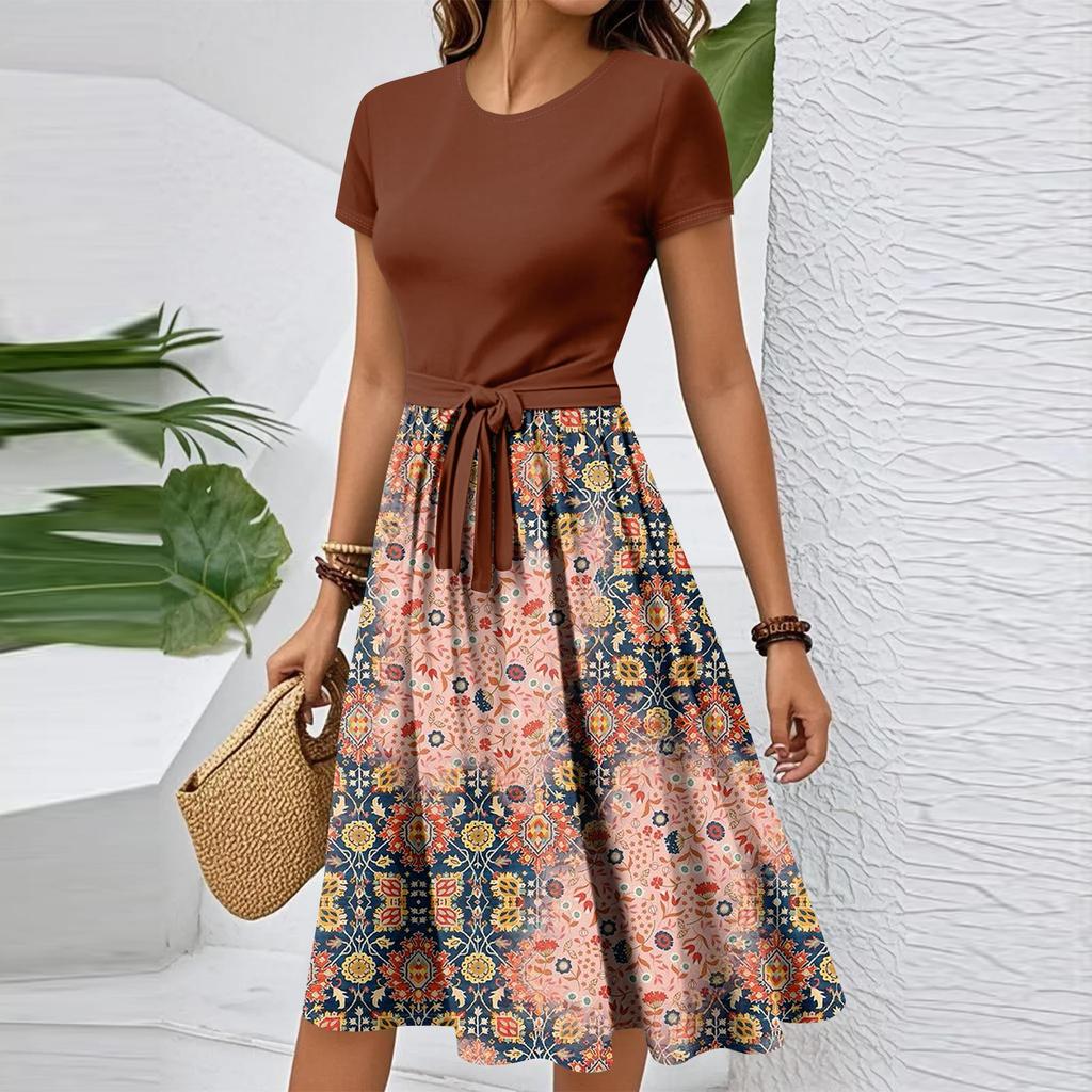 Damen Casual Mode Gürtel Vintage Bedruckt Kurzarm Rundhals Elegantes Kleid