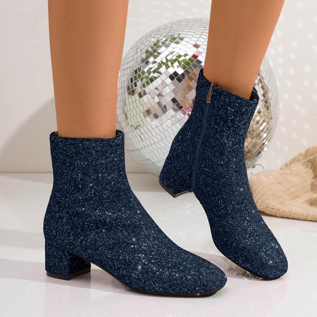 Botas Calientes Mujer Tacón Grueso Punta Fina Brillantes Moda Casual Cremallera Lateral Color Sólido Ropa Exterior Tobillo Botas Planas Mujer
