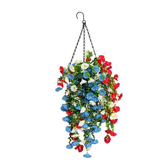 Yousheng Patriotic Hanging Flowers, Artificial Red White Blue Flowers Hanging Basket, Outdoor 4th of July Hanging Flower Basket for Porch Garden Decor