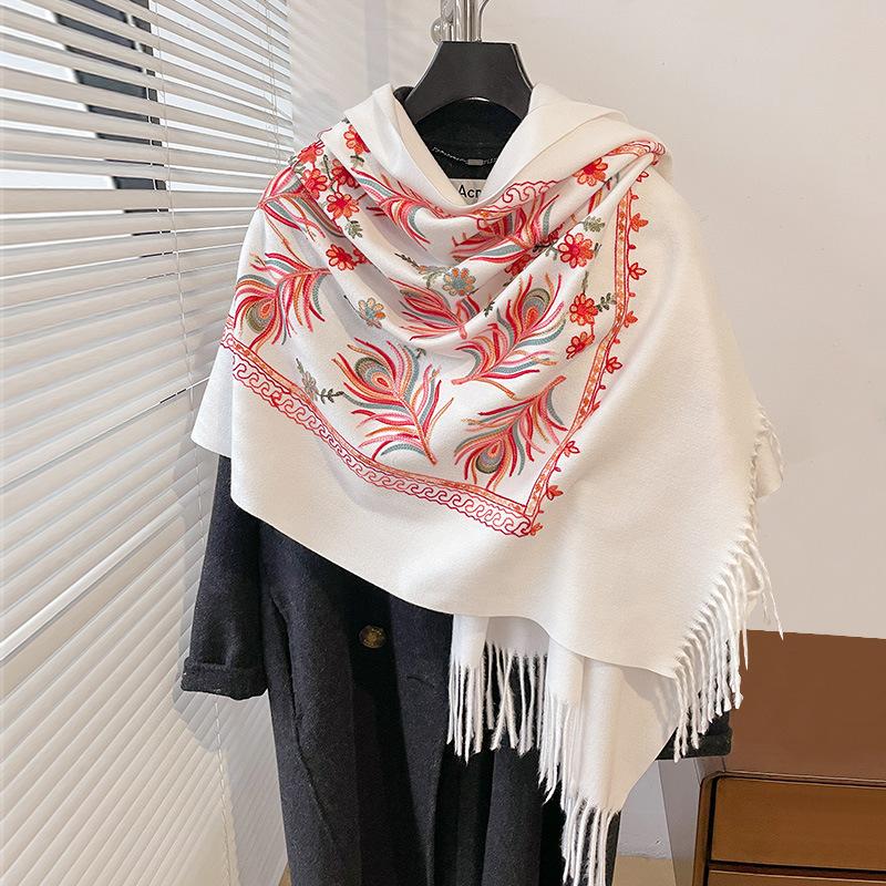 Winter Warm Cashmere Scarf for Women Floral Embroidery Pashmina Blanket Thick Shawl Wrap Neckerchief Elegant Poncho Bufanda