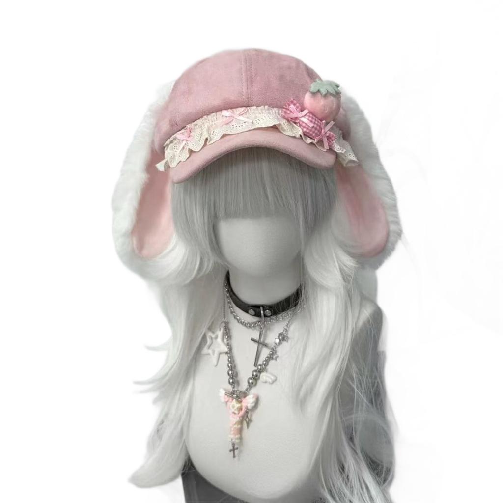 Pink Rabbit Ear Lace Cap Lolita Cute Girl Plush Decorative Baseball Cap