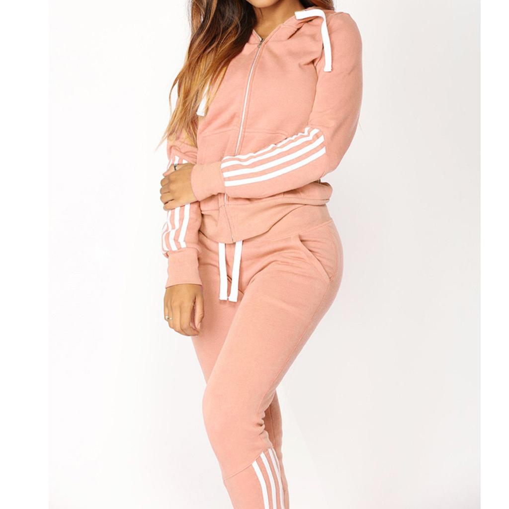 Fashion Women Casual Stripe Zipper Z długim rękawem Pullove Sportowe bluzki + długie spodnie