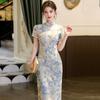 Elegant Blue Tencel Linen Qipao Dress 2026 Womens Modern Long Cheongsam With Stand Collar Side Slit