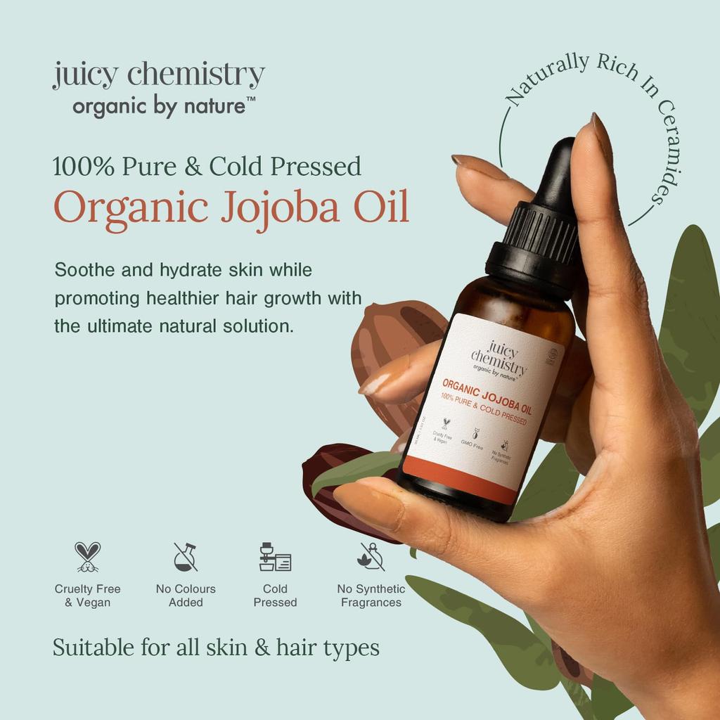 Juicy Chemistry Organic Jojoba Oil, 30 Ml | 100% Pure, Cold Pressed & Virgin | Carrier Oil For Skin, Hair & Cuticles | Naturally Rich In Vitamin E & C