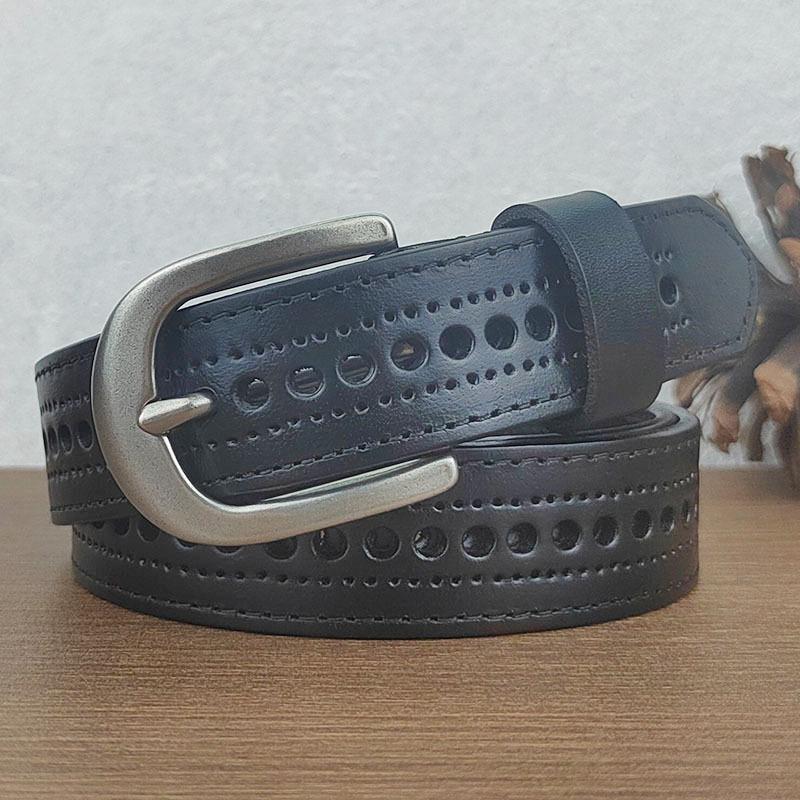 Hollow Belt Women'S Leather Pin Buckle Casual First Layer Cowhide Belt Women'S Fashion Non-Punching Jeans Belt