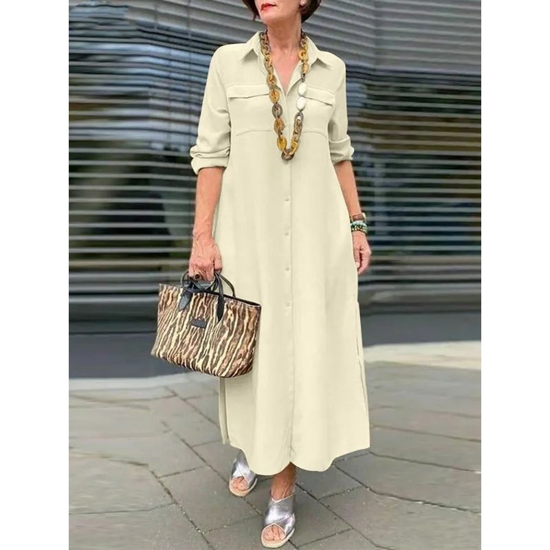 Loose Long-Sleeved Lapel Dress Elegant Solid Long sleeve Button Lapel Plus size dresses