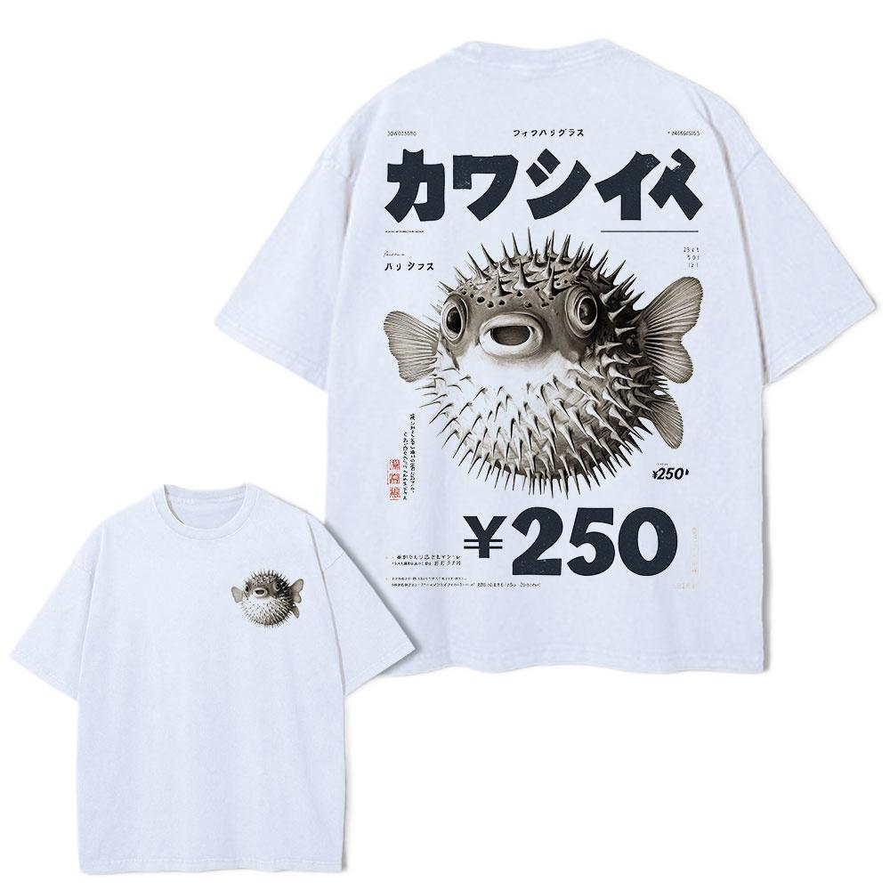Japanese Pufferfish Print TShirt Unisex Double Sided Kawaii Blowfish Oversized Short Sleeve Crew Neck Vintage Streetwear Tee