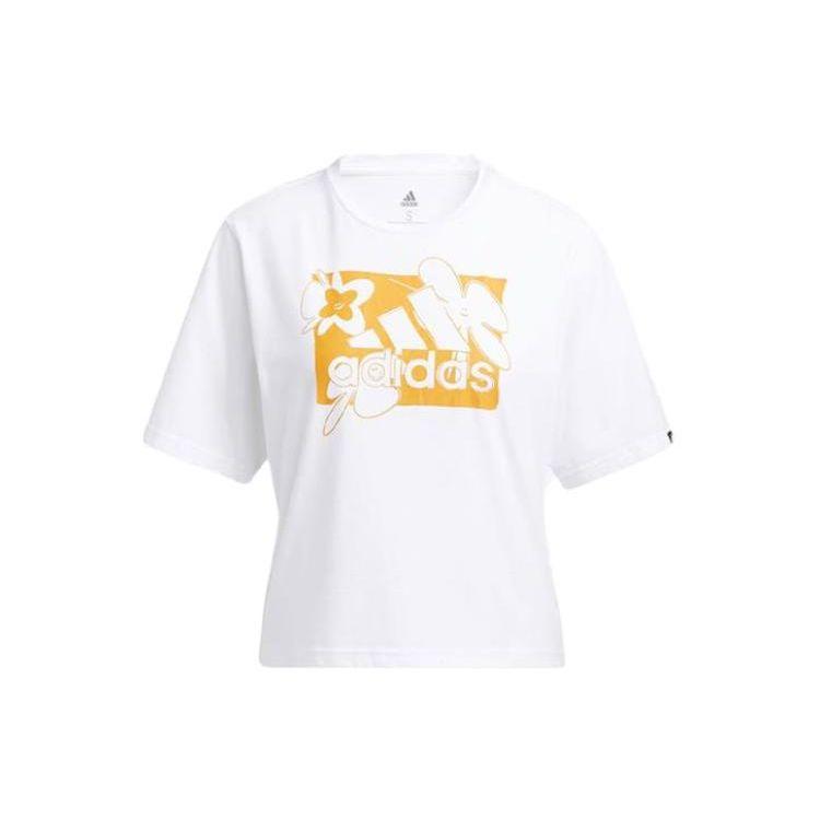 

Adidas Женская футболка с круглым вырезом, коротким рукавом, повседневная, с цветочным принтом и большим логотипом, белая HE4930 S