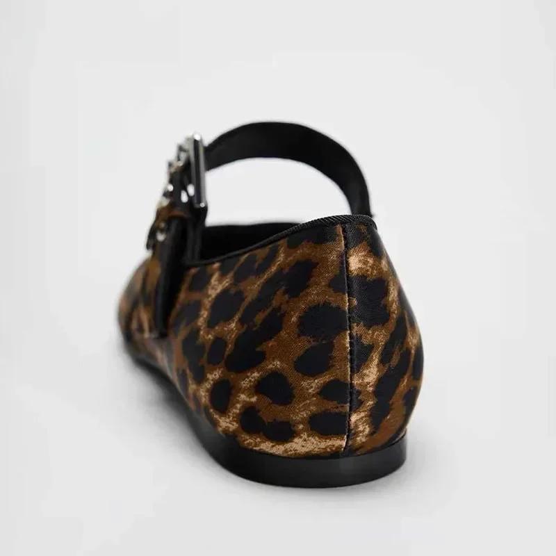 Luxury Designer Leopard Ballet Flats Women Fashion Metal Buckle Wide Strap Women Shoes Low Heel Mary Jane Shoe Zapatos De Mujer