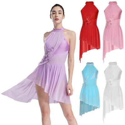 Womens Ballet Lyrical Dance Dresses for Figure Skating Halter Strappy Back Asymmetrical Hem Shiny Rhinestones Leotard Dress