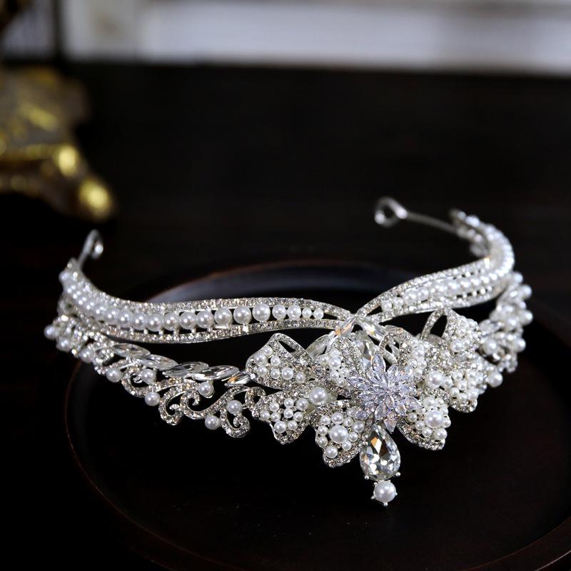 Pearl New Baroque Hepburn Style Bridal Crown Tiara Bow Birthday Crown European Retro Wedding