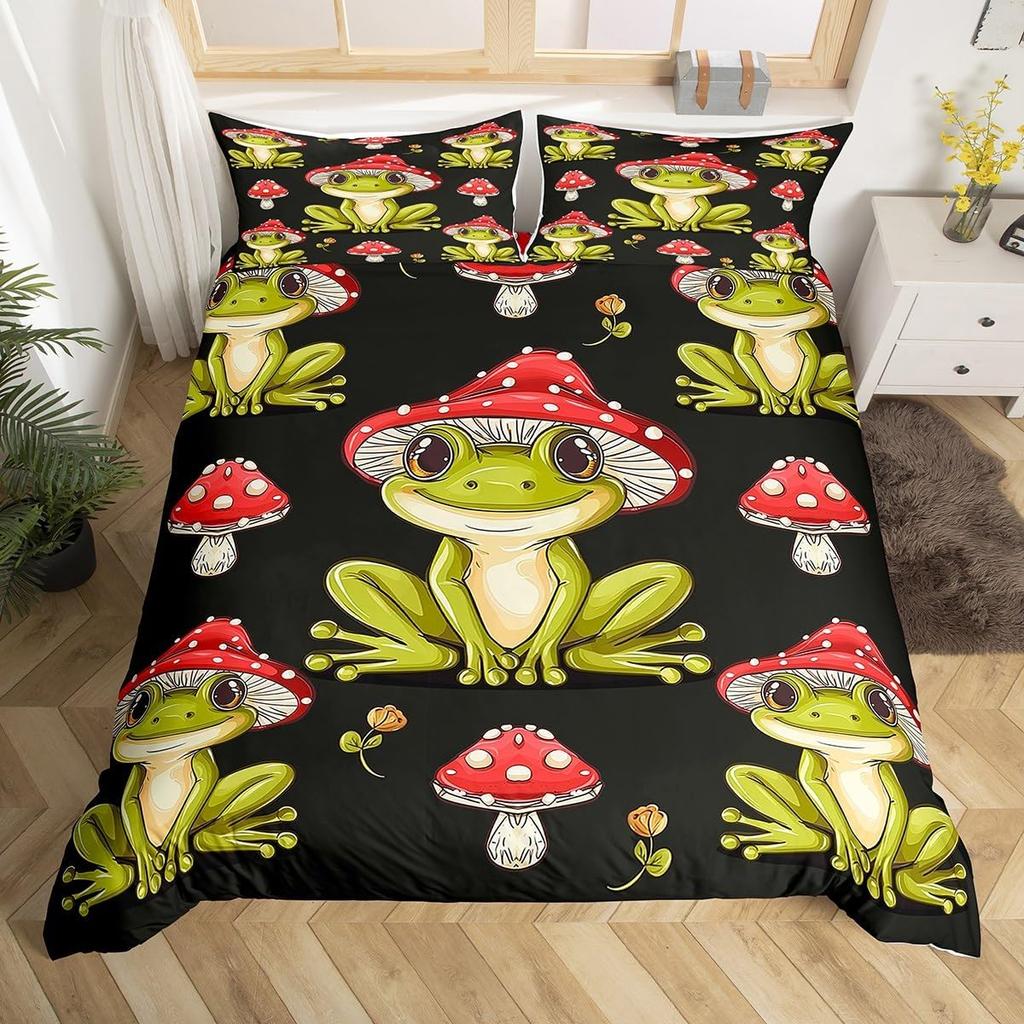 Kawaii Frog Print Duvet Cover Frog Mushrooms Comforter Cover Botanical Mushroom Twin Queen Bedding Set For Girl Teen Room Decor