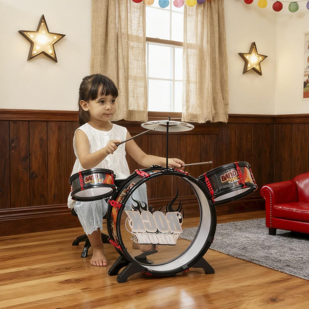 Drum Set for Children +3 Years with Stool, Drums, Bass Drum, Cymbal and Drumsticks 59.5x31.5x59 Cm Black