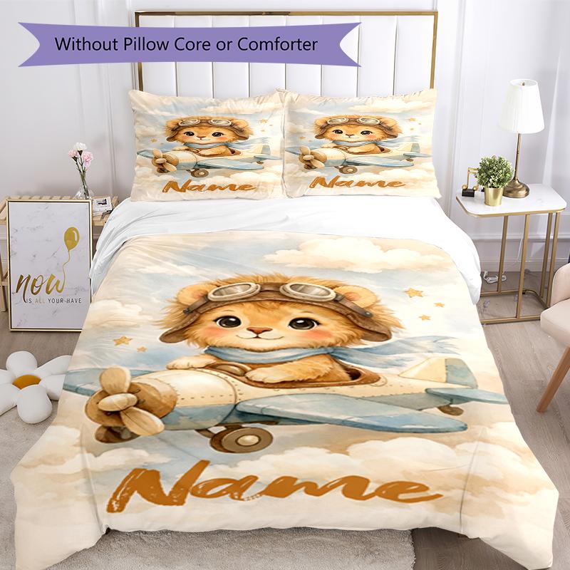 3pcs Custom Name Lion Bedding Set Duvet Cover Closure Includes 1 Duvet Cover & 2 Pillowcases, Soft and Comfortable for All Seasons.