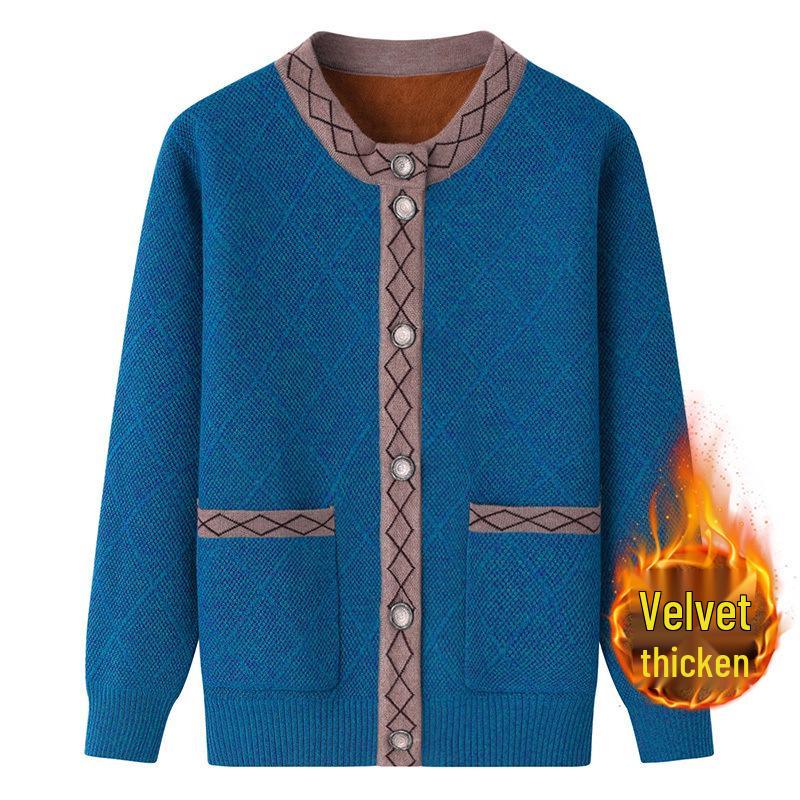 Women's Fleece-Lined Knitted Cardigan for Autumn/Winter - Ideal for Middle-Aged and Elderly.