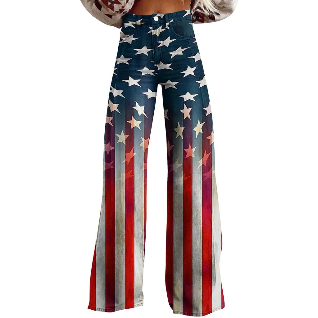 Kadınlar İçin Geniş Paça Flare Kot Pantolon Cepli Bol Pantolon Vintage Çiçek Desenli Yüksek Bel Bol Pantolon