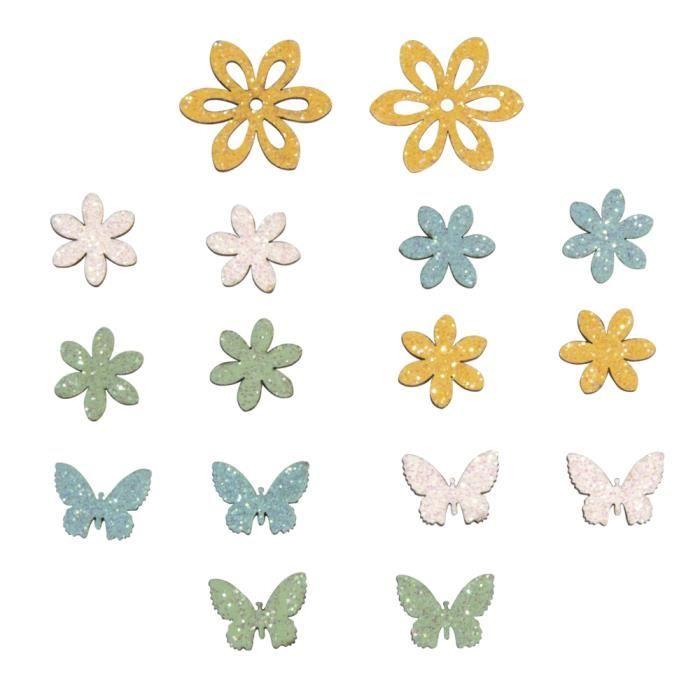 Miniatures en bois Fleur + papillon, 2,3-4cm, av.Dot adhésif, sct.-LS 16pces, Colore
