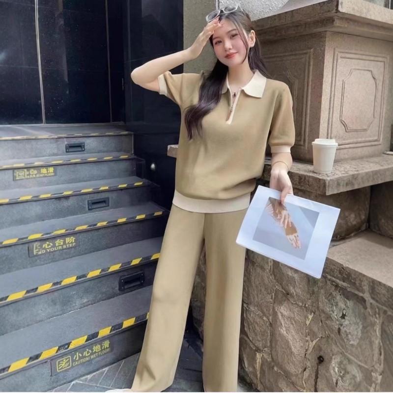 Womens Knit Polo Top Wide-Leg Pants Set 2025 Loose Fit Slimming Casual Outfit In Black Gray Camel