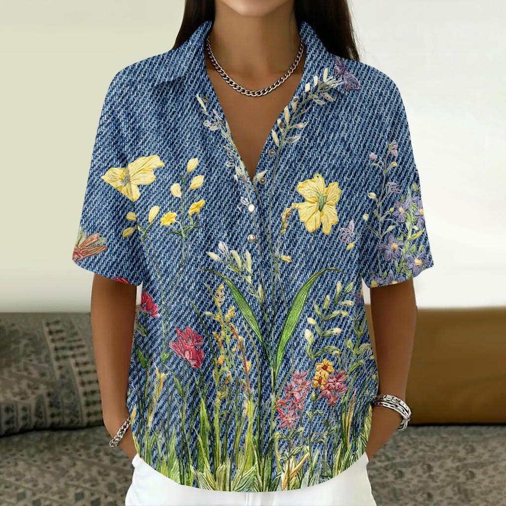 Women's Fashion Polo Collar Button Vintage Floral Print Loose Fit Short Sleeve T Shirt Linen Blend Casual Top