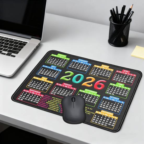 2026 Kalender Mauspad mit rutschfester Gummiunterlage, genähtem Rand, rechteckig, wasserdicht, für Zuhause, Büro, Gaming, Computer, Laptop, Mauspad, Schreibtischunterlage