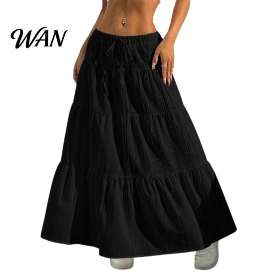 Elastic Waistband Skirt Women Long Spring Summer Middle Waist A Line Flowy Swing Occasion Breathable Solid Color Drawstring Pleated Casual Elegant