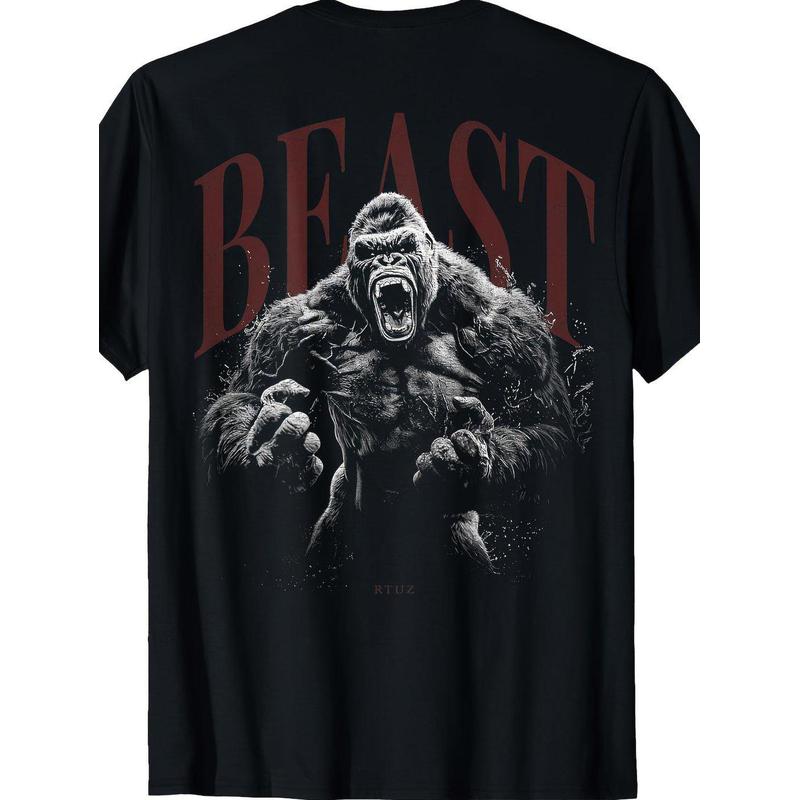 Men'S Wild Graffiti Gorilla Graphic T-Shirt with Beast Lettering & 3D Gorilla Back Print - Casual Short Sleeve Round Neck Tee for Casual Attire,