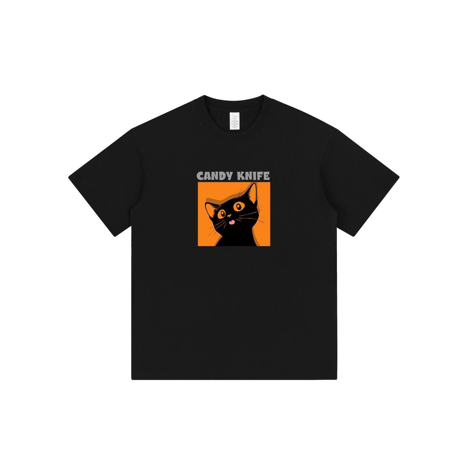 

Black Cat Printed Cotton T-Shirt - Unisex Cartoon Trend, Hong Kong Style S белый