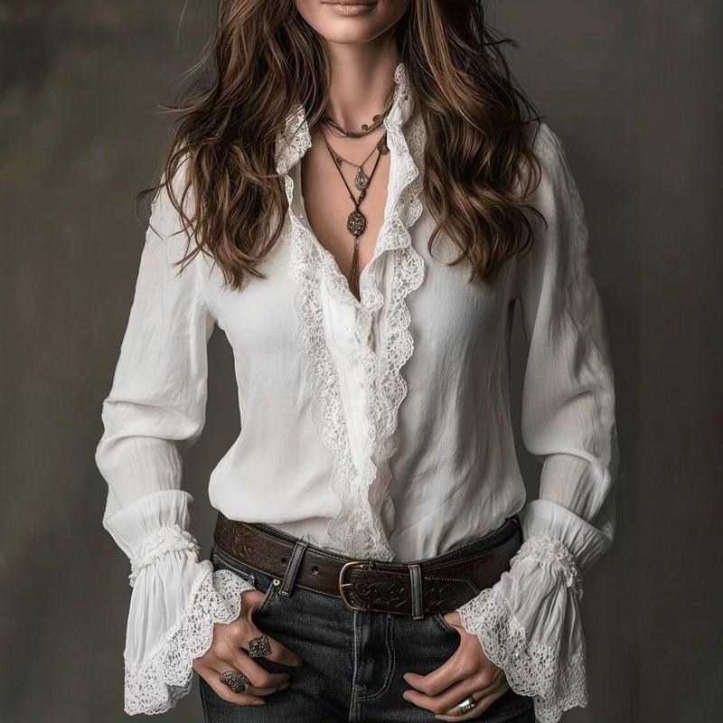 Womens French Style Lace Patchwork Shirt Long Sleeve Loose Fit Elegant Top