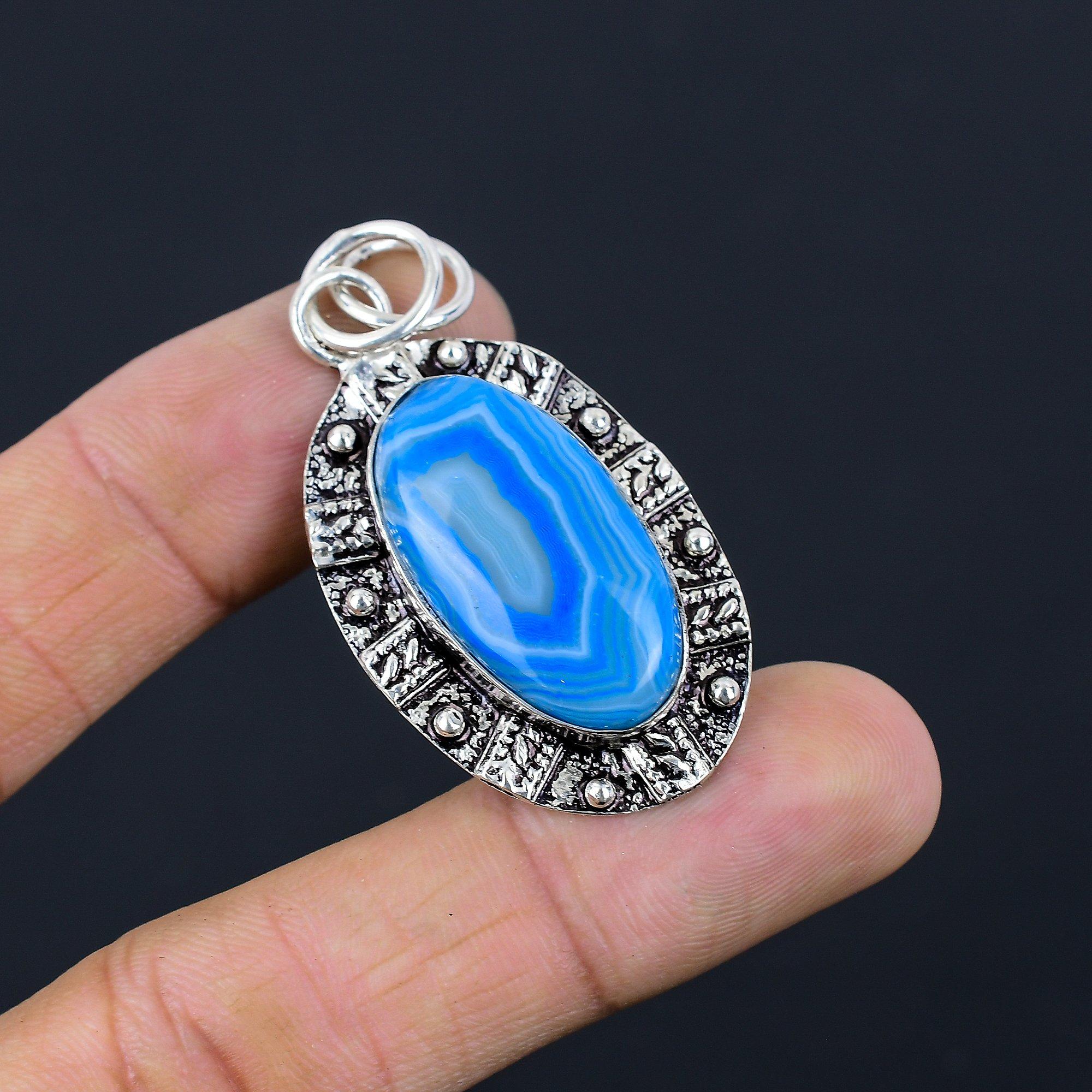 Gift For Her 925 Sterling Silver Natural Blue Botswana Agate Gemstone Pendant