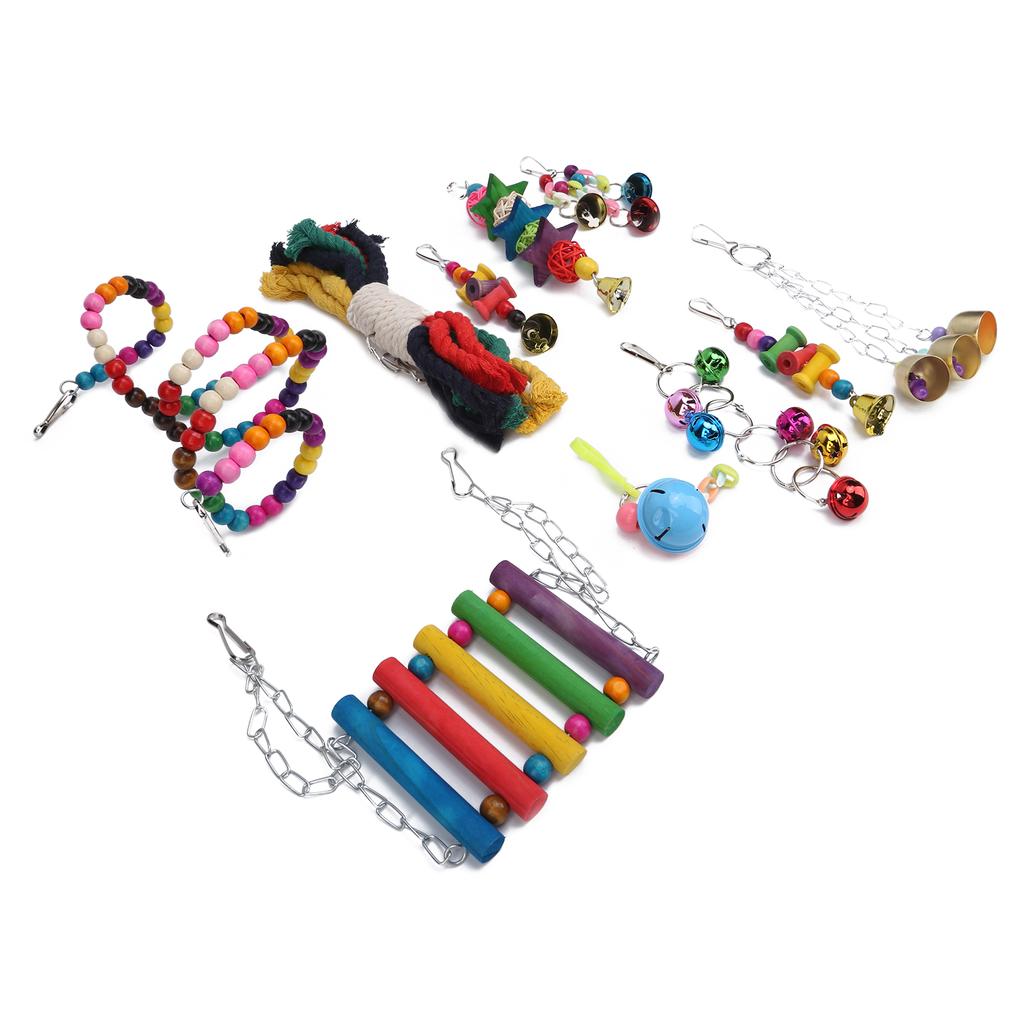 Birds Swing Toy Natural Wood Hanging Chewing Perch Toy Set with Bells Wooden Beads