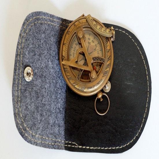Antique Brass Magnetic Sundial 3" Compass With Handmade Black Leather Case Gift