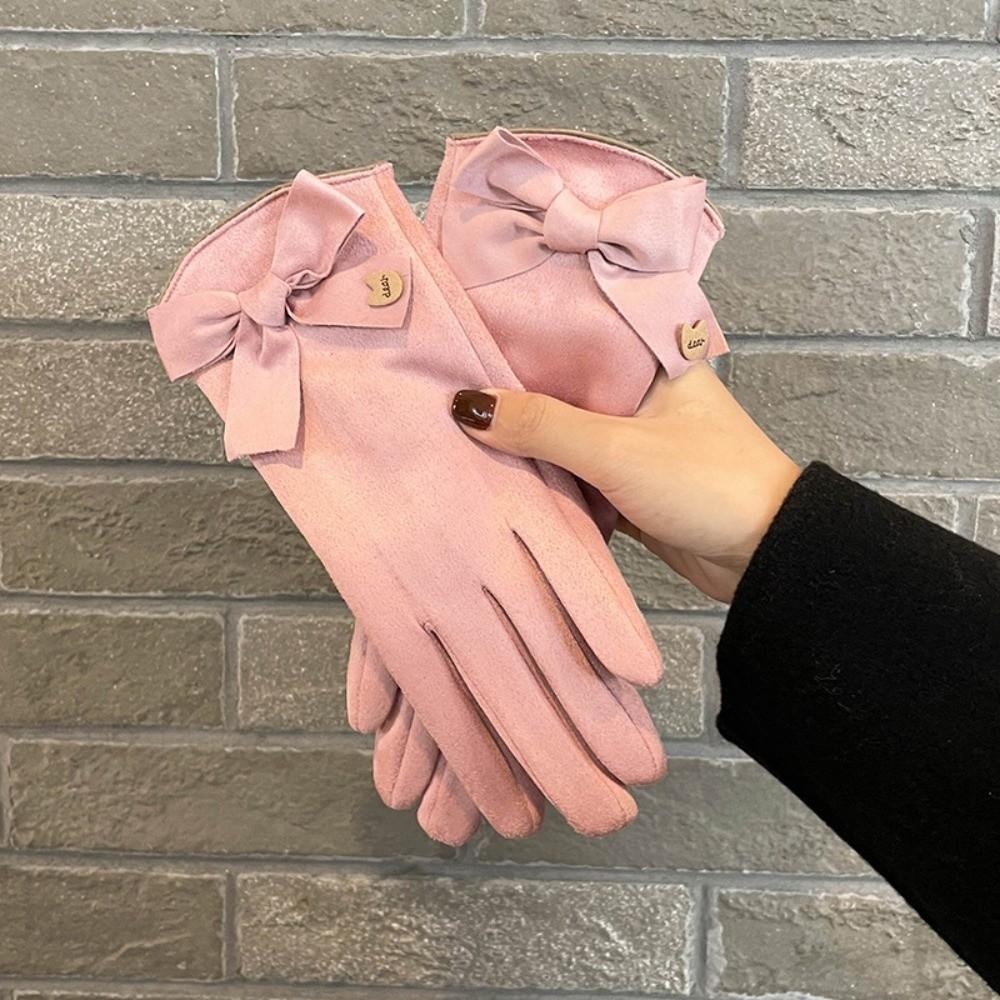 Soft Women Anti-cold Mittens Bow Thickened Suede Gloves Gift Windproof Finger Mittens  Winter