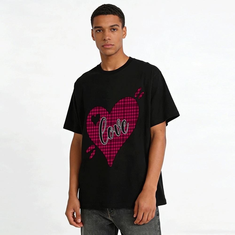 Vintage Plaid Heart Love Print Casual Top Pure cotton T-shirt