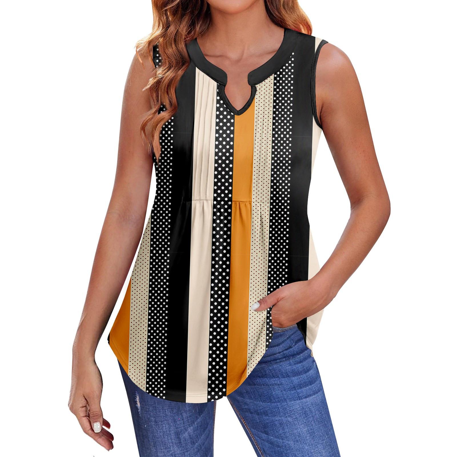 

Womens Summer Tank Tops Pleated V Neck Printing Casual Top Tank Tops For Women Loose Fit Sleeveless Tunic Shirts M помаранчевий