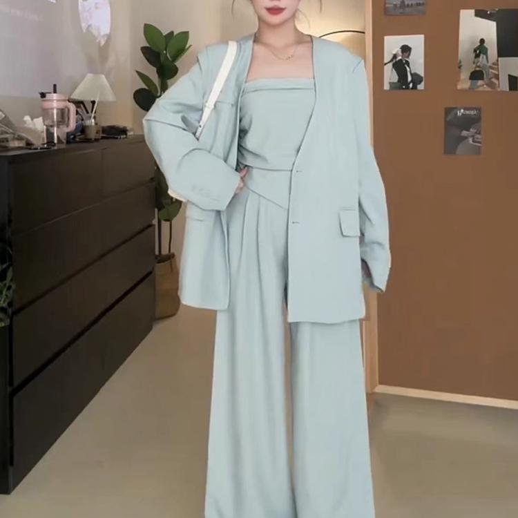 European fashion temperament suit two-piece autumn new irregular slim-fit tube top wide-leg trousers suit S